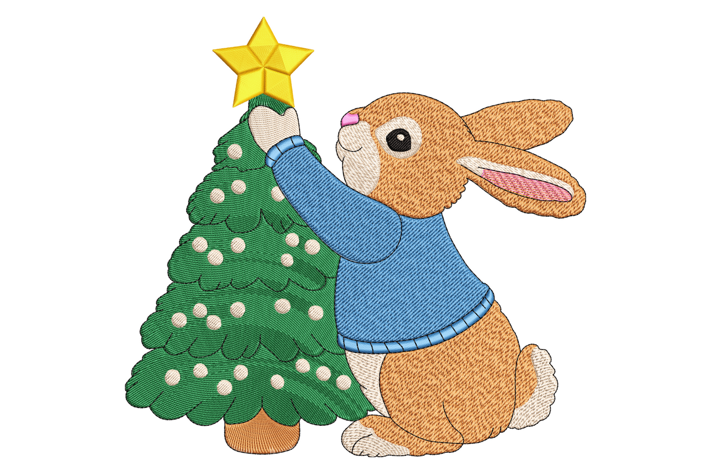 Tan bunny in blue knit sweater placing gold star on small christmas tree with cream pom pom ornaments embroidery design