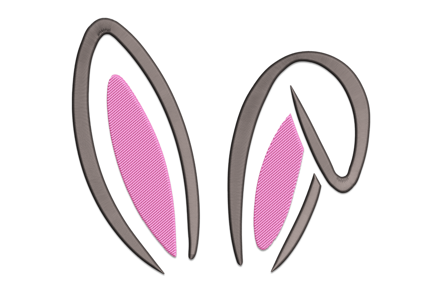Bunny ears machine embroidery design showing two tall upright rabbit ears with white outline and blush pink inner ear satin fill, minimal two-colour outline style on open background.