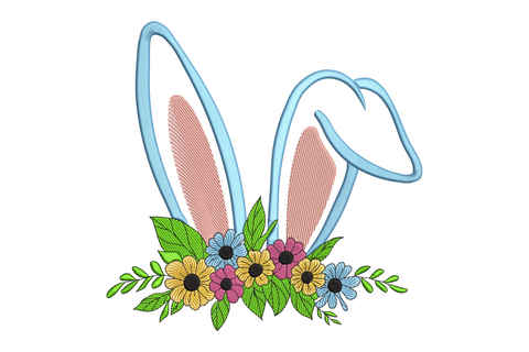 Bunny ears embroidery design rising from floral arrangement with blue outline ears and magenta saffron blooms on cream fabric