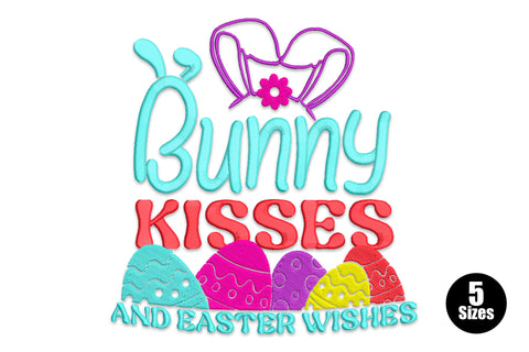 Bunny Kisses Easter Wishes embroidery with teal bubble text, purple bow ears, red block letters and 5 colourful Easter eggs.