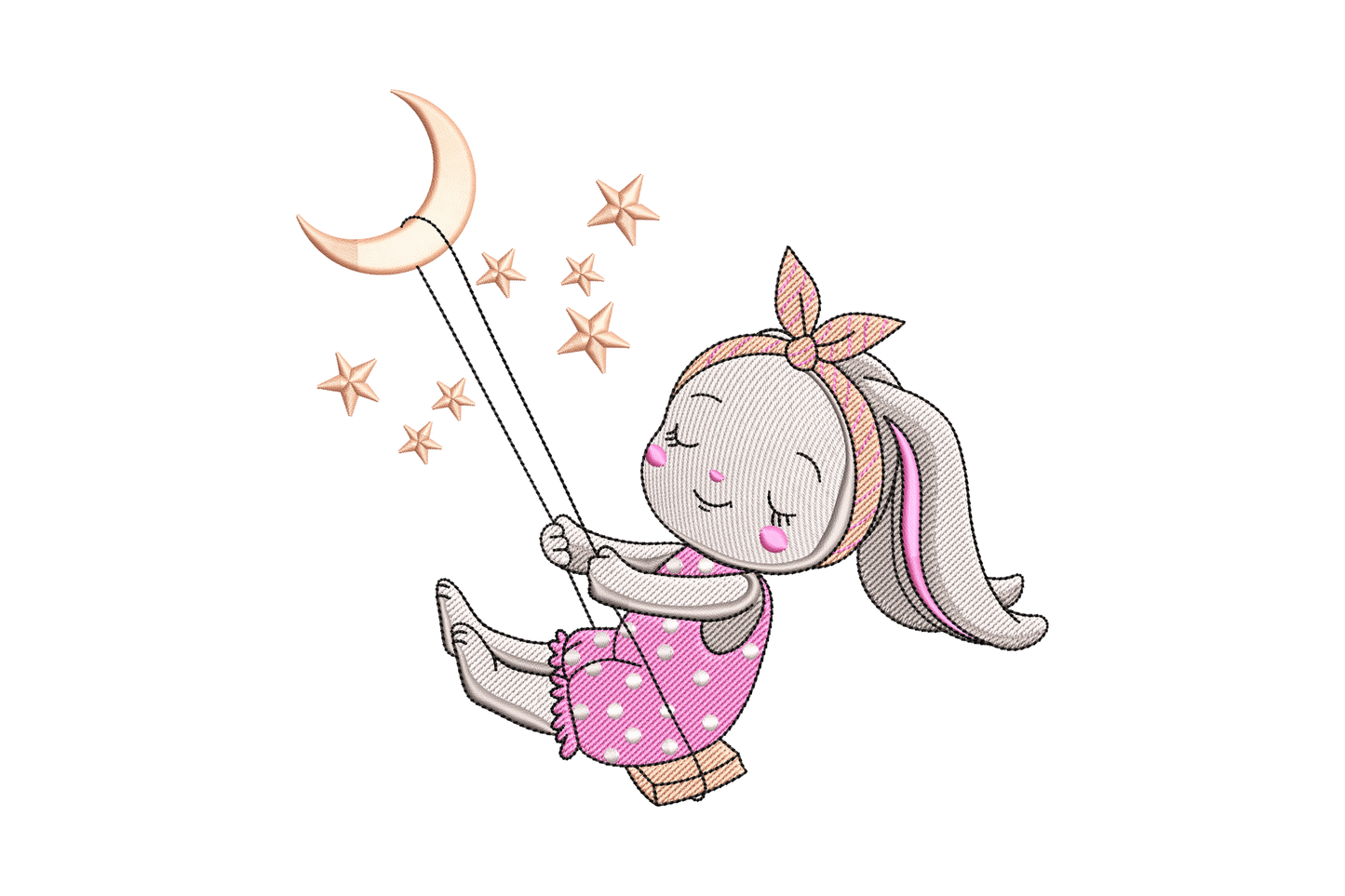 Bunny swinging on moon embroidery design with a sleeping baby bunny in a pink polka-dot dress on a swing hung from a crescent moon with scattered stars.
