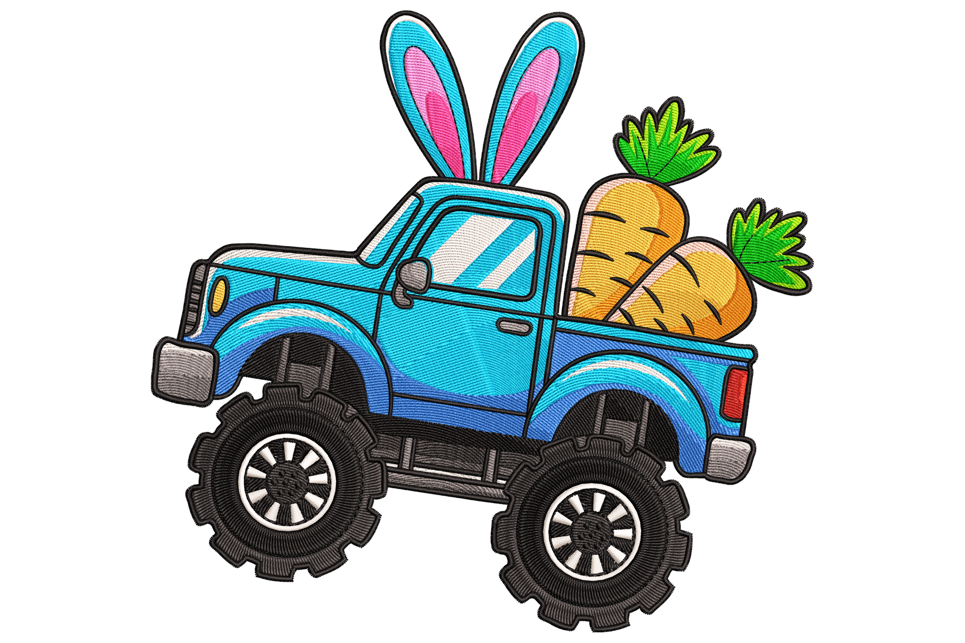Easter bunny driving a pastel pickup truck loaded with carrots embroidery design in 17 thread colours on white cotton