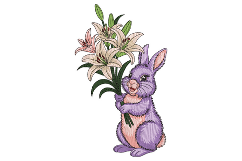 Bunny holding flower bouquet embroidery, lavender rabbit with peach belly cradling cream and pink lilies on green stems.