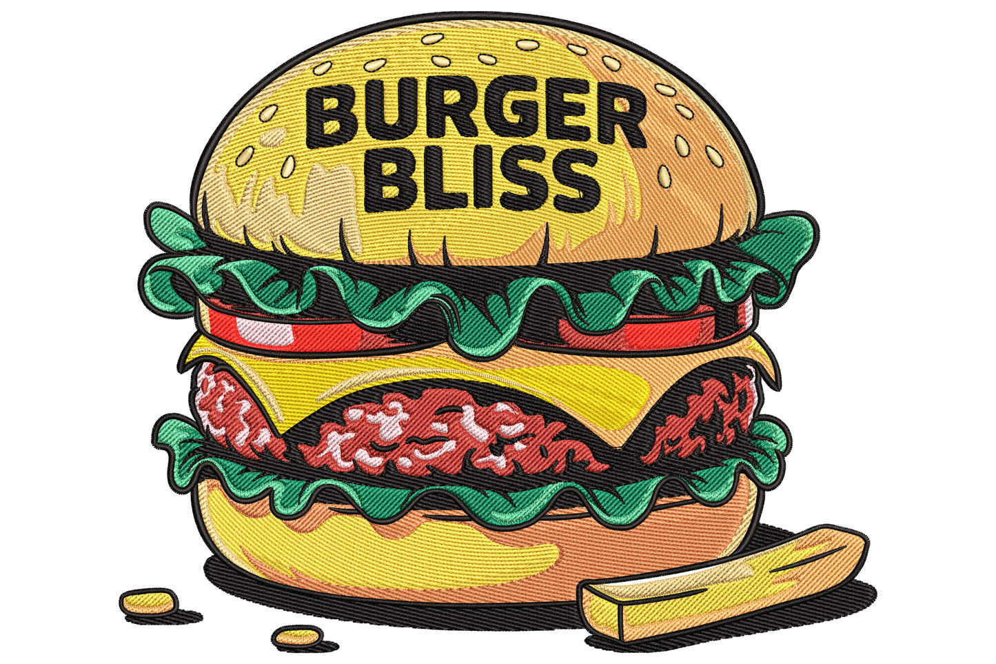 Burger Bliss embroidery design with a giant double cheeseburger, stacked lettuce, tomato, cheese and meat patties, sesame bun text and a single fry beside it.