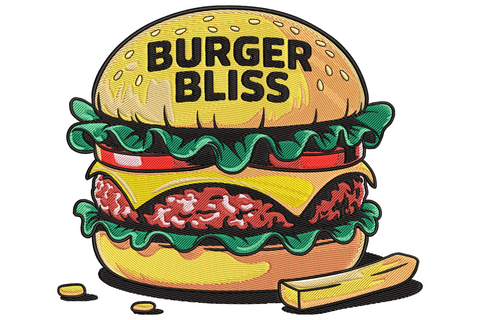 Burger Bliss embroidery design with a giant double cheeseburger, stacked lettuce, tomato, cheese and meat patties, sesame bun text and a single fry beside it.