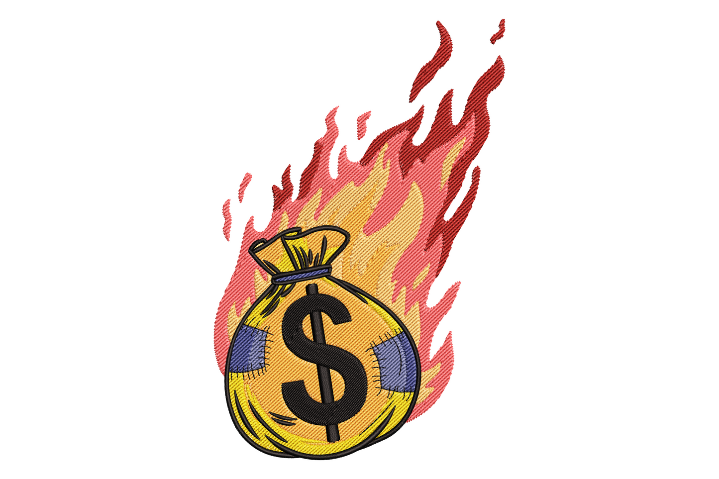 Burning money bag embroidery design, tied dollar sign bag with layered red orange and yellow flames, 8 colors, 9 sizes