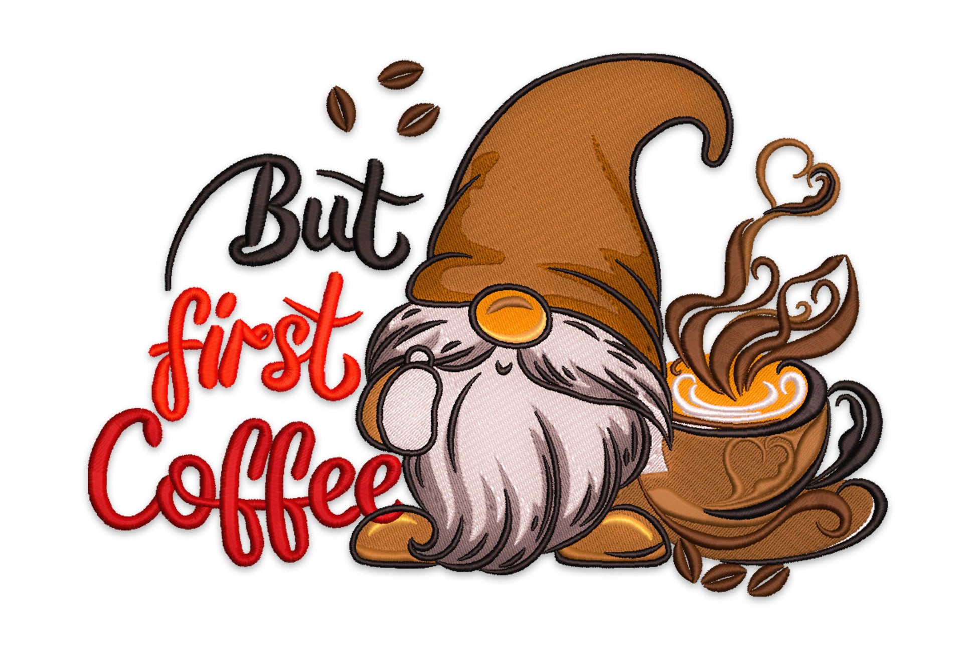 But First Coffee gnome embroidery, chubby gnome brown hat beside steaming latte cup, scripty red and black text, 11 colours