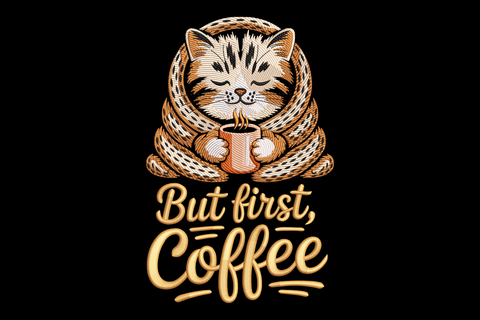 Cat wrapped in a blanket holding a coffee cup with 'But first, Coffee' text on a black background