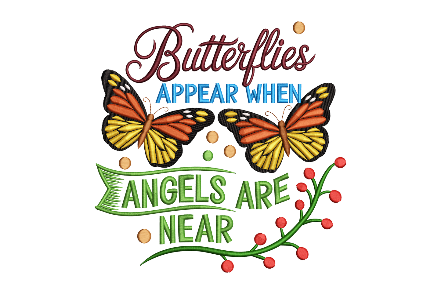 Decorative text with butterflies and a branch on a white background