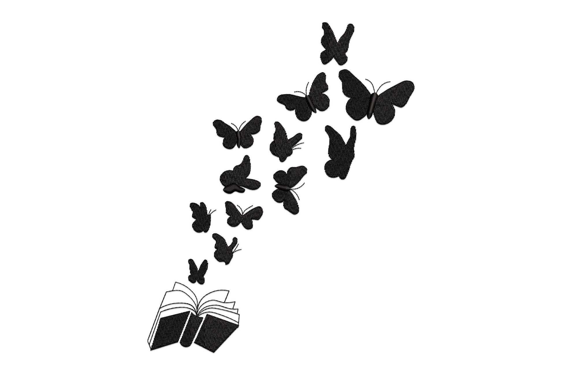 Black silhouette embroidery of open book with 13 butterflies rising in a diagonal trail from the pages toward upper right.