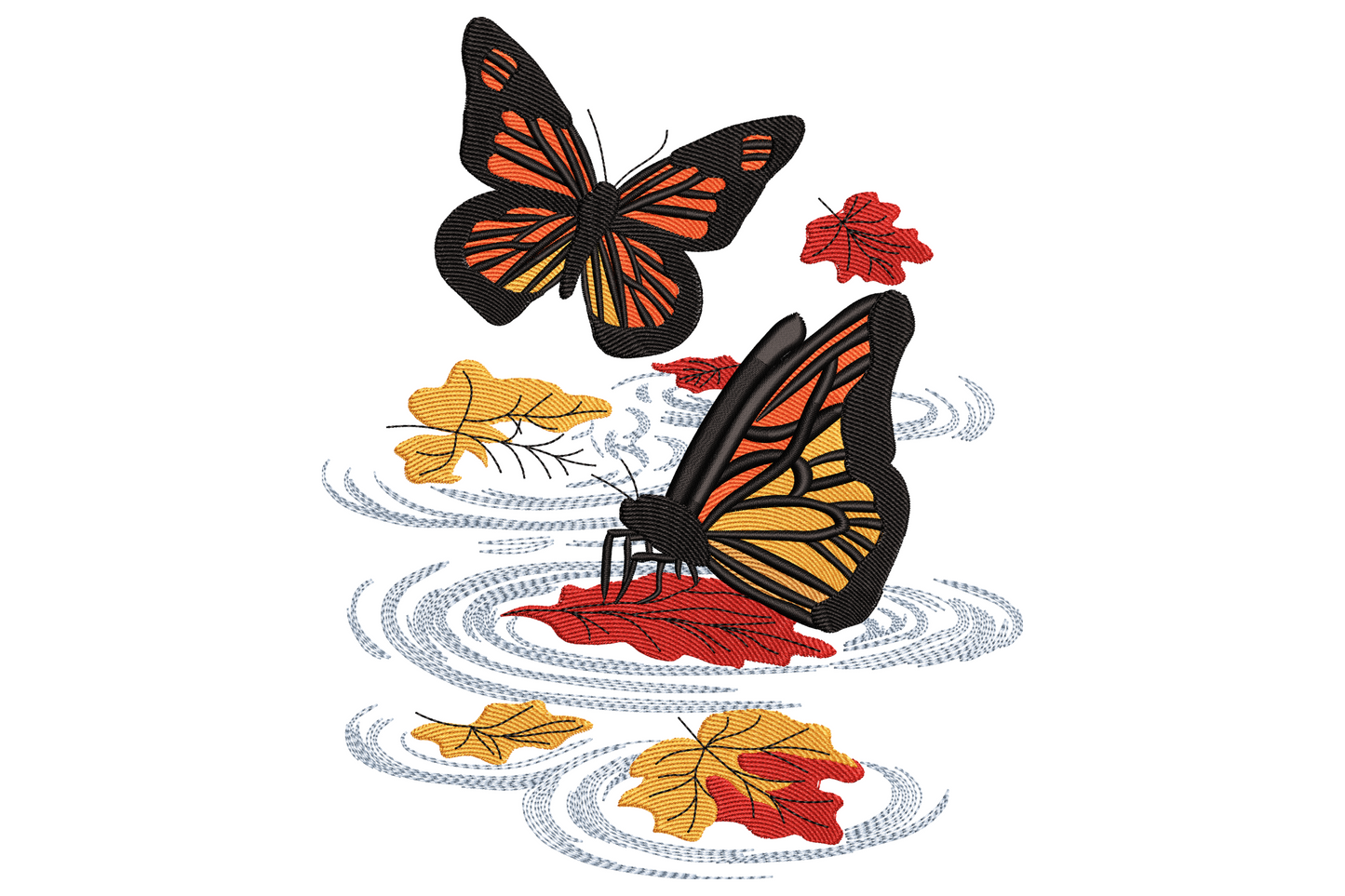 Two monarch butterflies with autumn maple leaves on water ripples embroidery design in orange, red, black and pale blue on white background.