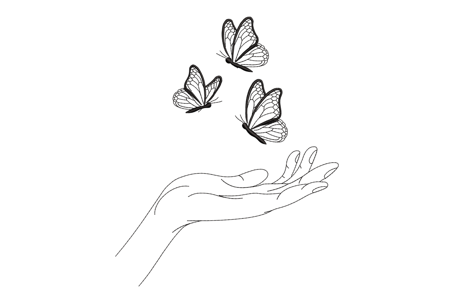 Butterflies and hand line art embroidery design, open palm with three detailed butterfly outlines rising upward, single black thread.