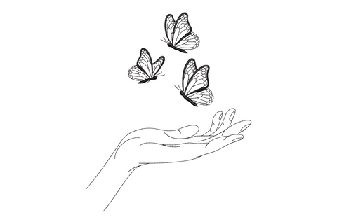 Butterflies and hand line art embroidery design, open palm with three detailed butterfly outlines rising upward, single black thread.