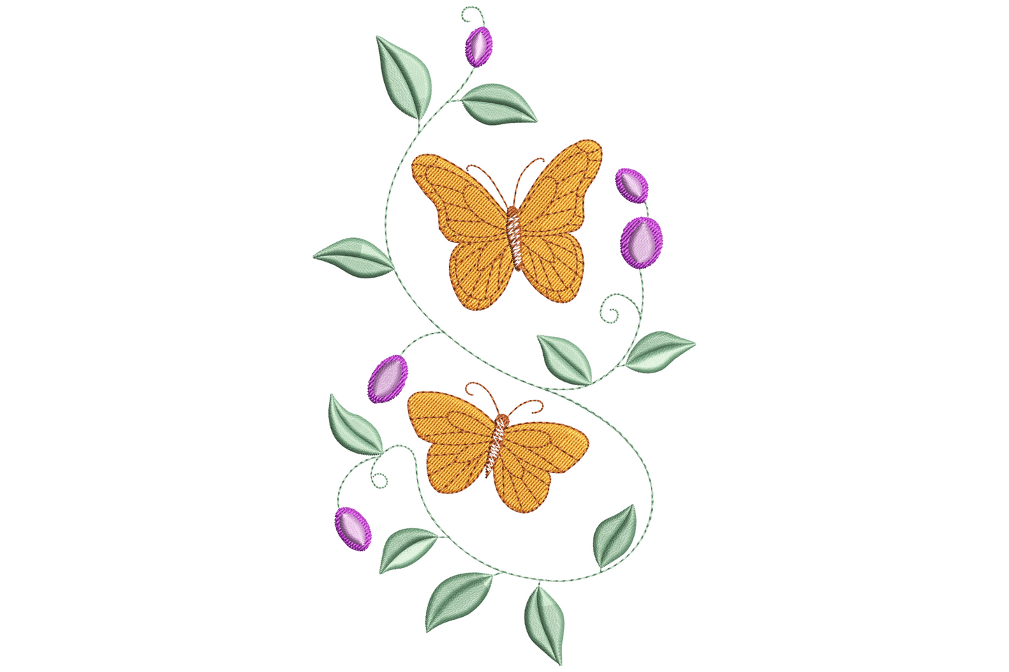 Butterflies and flowers vine embroidery design with two orange monarch butterflies, purple berries and green leaves.