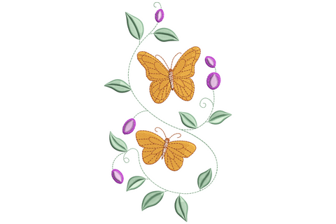 Butterflies and flowers vine embroidery design with two orange monarch butterflies, purple berries and green leaves.