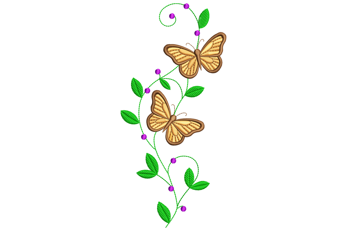 Monarch butterflies on green vine with leaves and purple berries, botanical embroidery, 6 colours, 9 sizes.