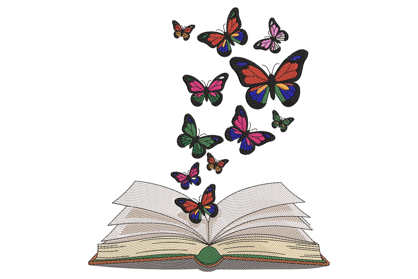 Open book embroidery with nine colourful butterflies pink red blue green flying up from the pages, classroom reading theme