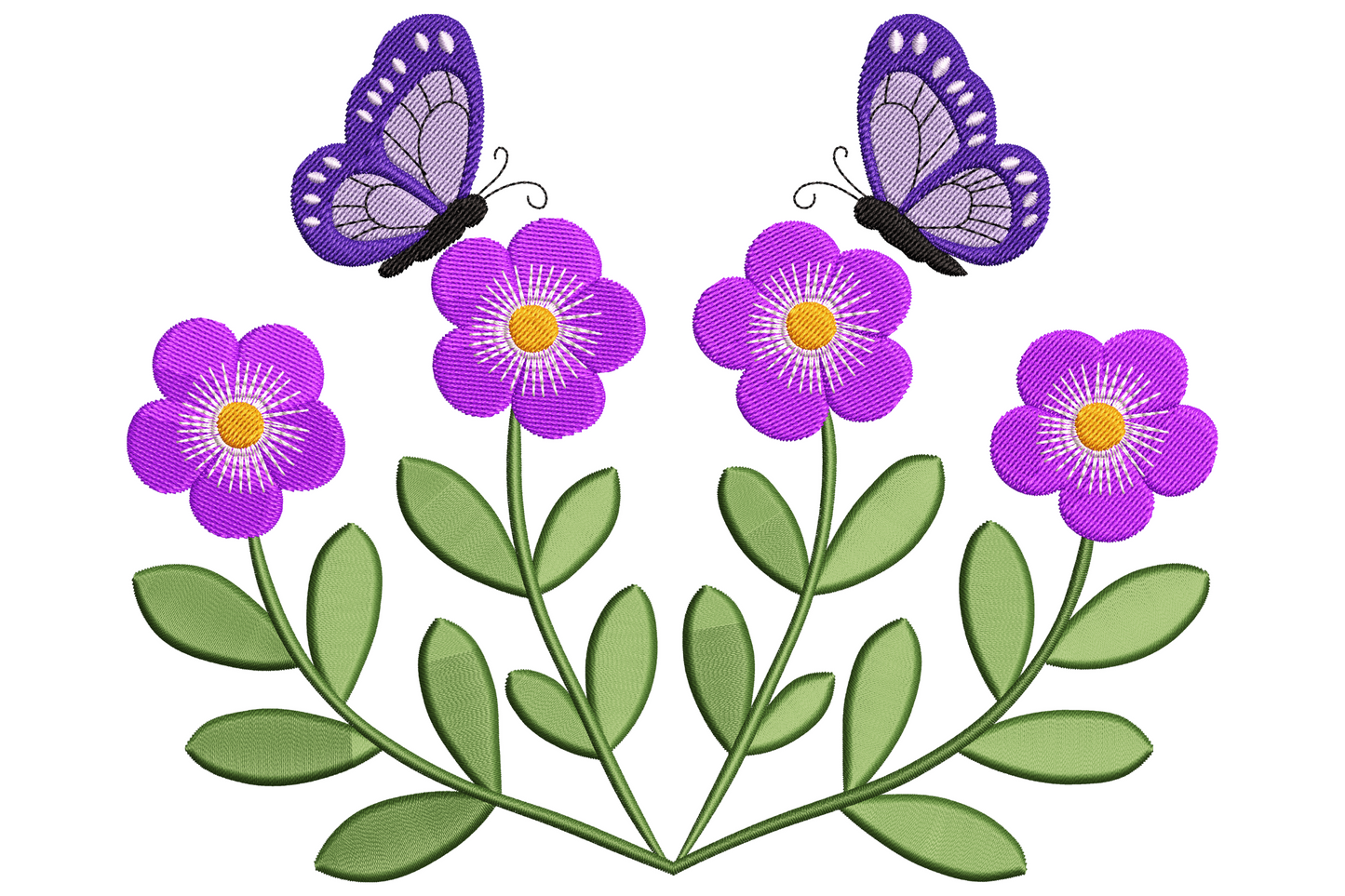 Two purple butterflies with wing vein detail perched on cluster of open purple flowers with orange centres and dark green stems.