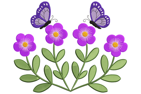 Two purple butterflies with wing vein detail perched on cluster of open purple flowers with orange centres and dark green stems.