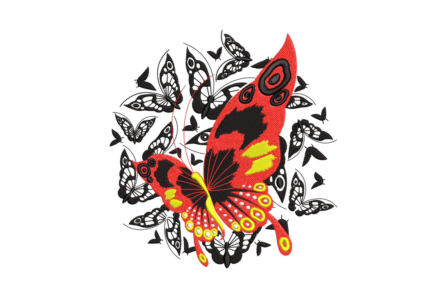 Cluster of cobalt blue and violet butterflies in a burst explosion, wings at flight angles, black outlines, nature embroidery.