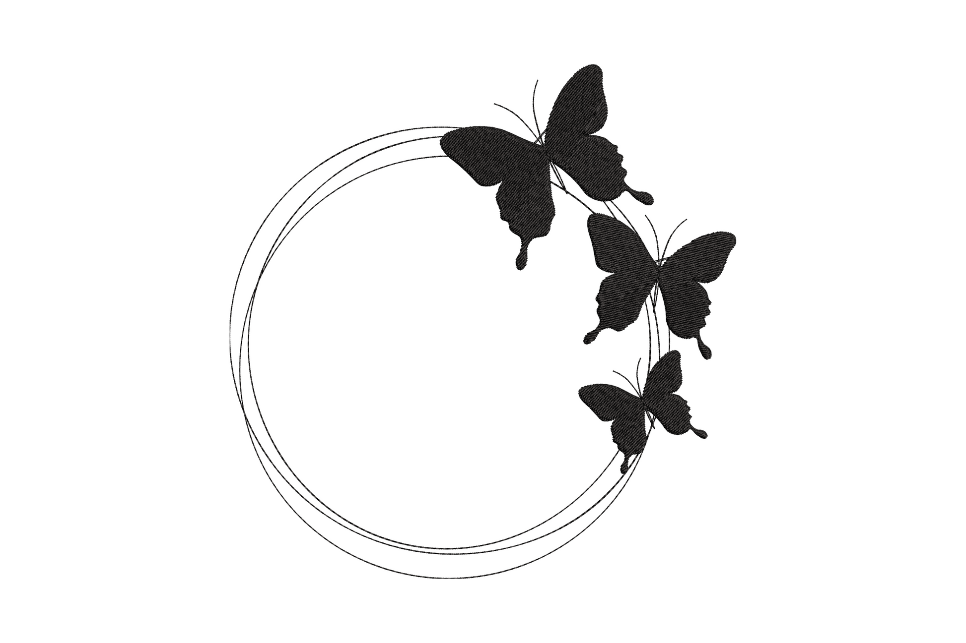 Butterfly circle line art embroidery design, single color butterfly inside circular frame with wing vein detail, 6 sizes from 2.5 to 7.5 inches