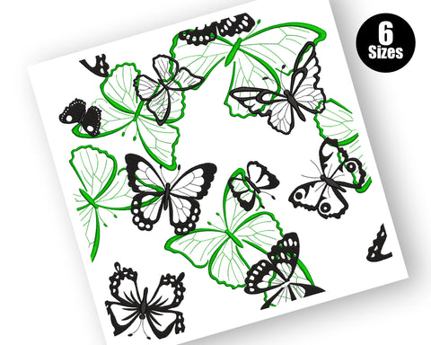 Butterfly circle wreath embroidery, ten mixed species in dark green outlines and dense black hatching arranged in a ring.