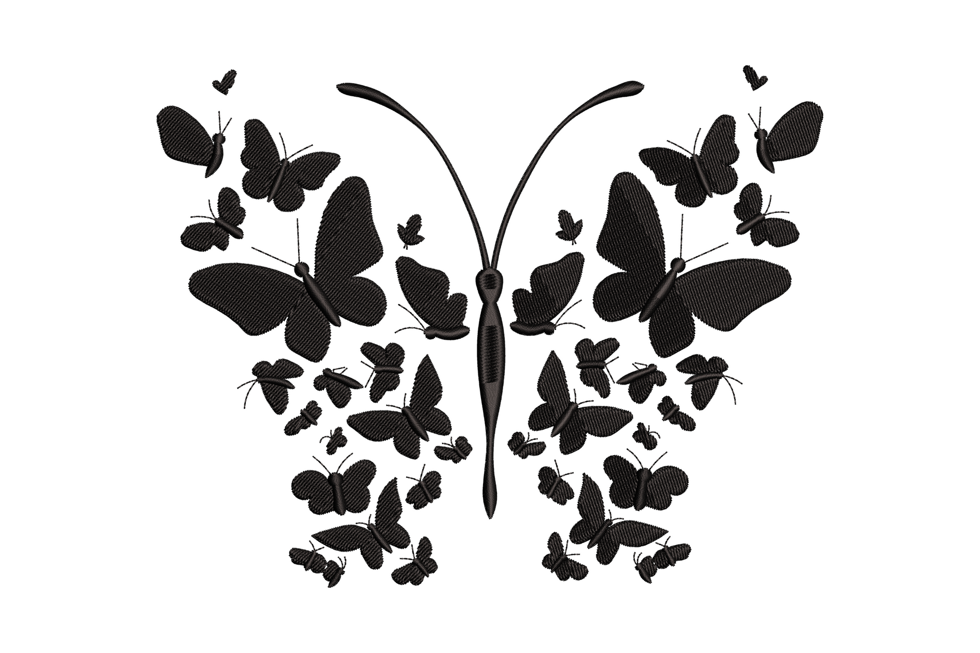 Butterfly cluster embroidery with a big butterfly silhouette made up of smaller butterflies clustered into the wing shape, single black thread monochrome