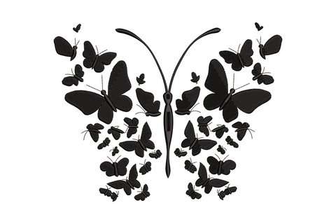 Butterfly cluster embroidery with a big butterfly silhouette made up of smaller butterflies clustered into the wing shape, single black thread monochrome