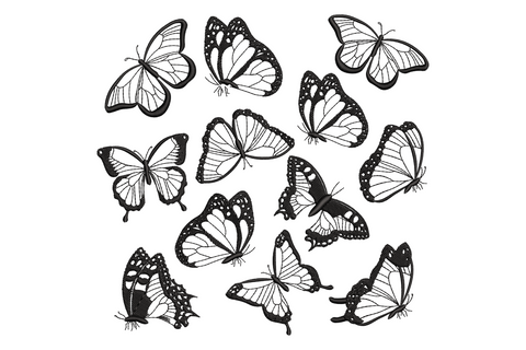Butterfly collection embroidery design with twelve individual butterfly species scattered in a loose cloud formation in black satin stitch