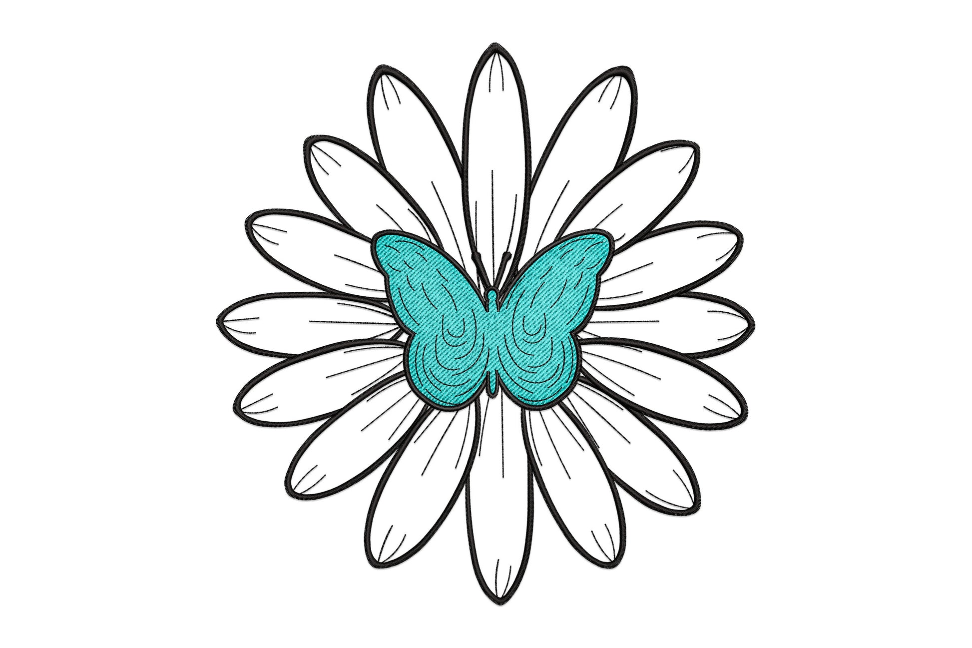 Butterfly daisy embroidery design with open outline daisy petals and aqua satin butterfly wings at the centre in two colours.