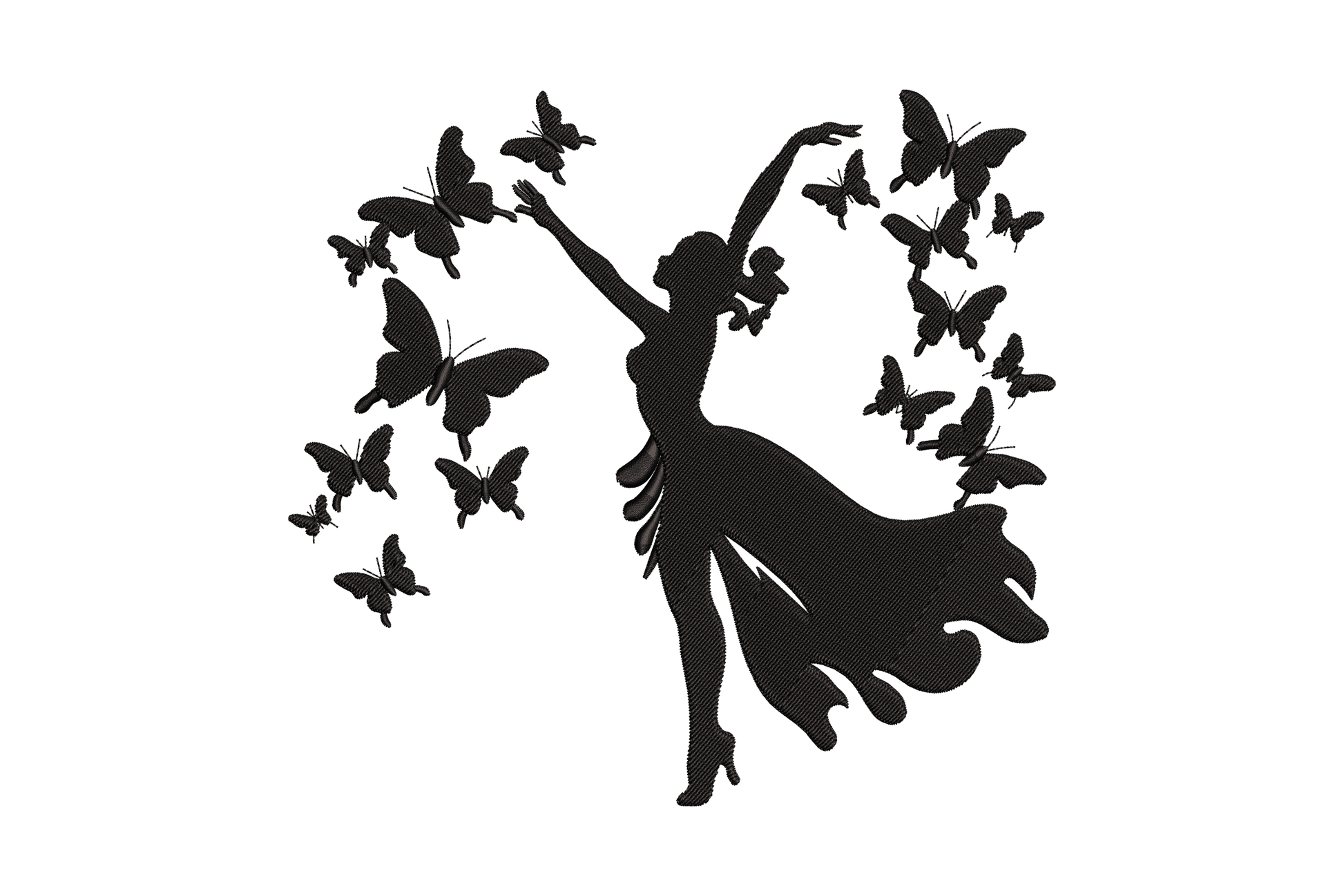 Butterfly dancing lady silhouette embroidery design in solid black with woman in flowing dress and scattered butterflies