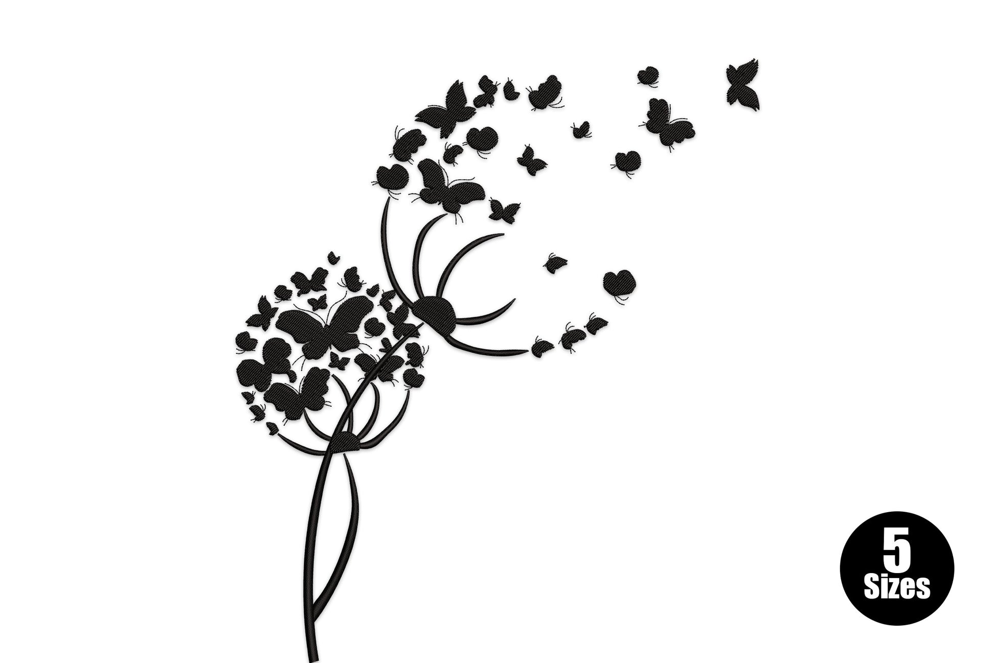 Butterfly dandelion machine embroidery design, butterflies replacing dandelion seeds, black silhouette, 5 sizes 6-10 inch