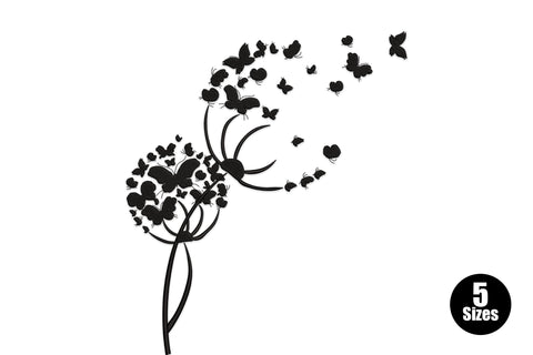 Butterfly dandelion machine embroidery design, butterflies replacing dandelion seeds, black silhouette, 5 sizes 6-10 inch