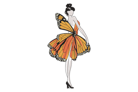 Woman in butterfly wing dress embroidery silhouette, flowing teal and cobalt blue wing skirt in mid-turn fashion pose