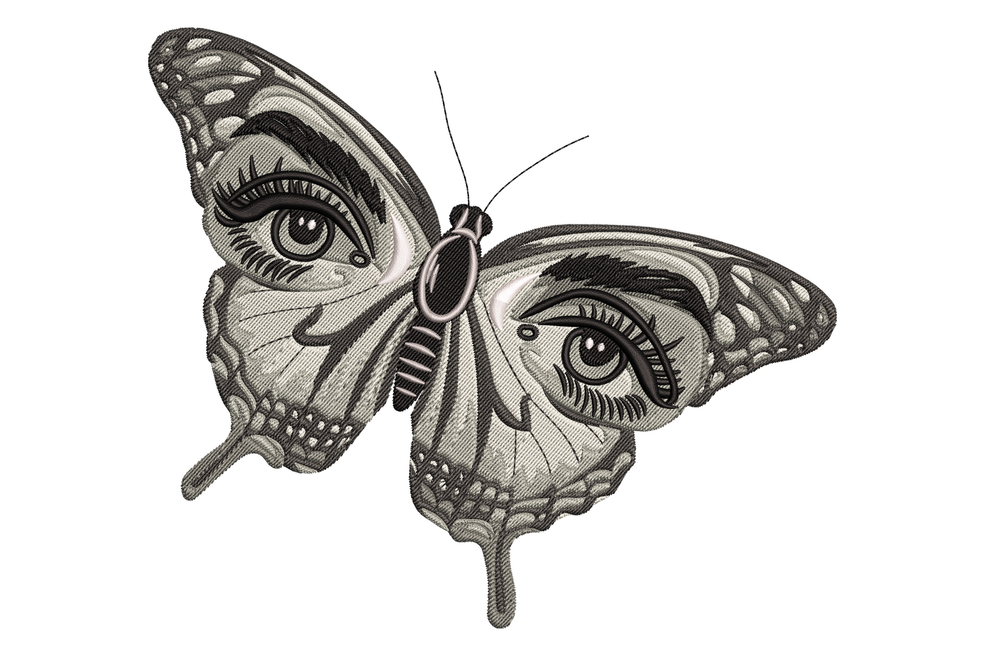 Butterfly eyes embroidery design, surreal swallowtail butterfly with human eyes on wings in charcoal and cream, gothic mystical style.