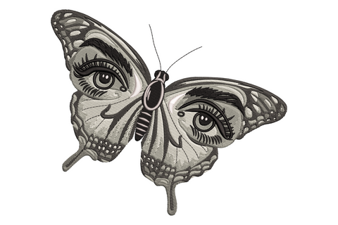 Butterfly eyes embroidery design, surreal swallowtail butterfly with human eyes on wings in charcoal and cream, gothic mystical style.