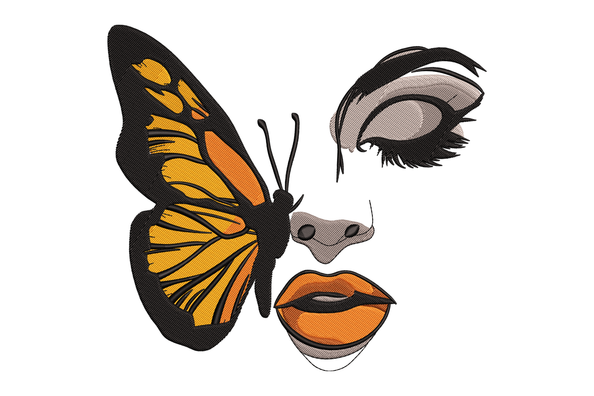 Butterfly face embroidery with orange and black monarch wings merging into a womens closed eye, nose and lips.