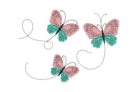 Butterfly flight line embroidery with three soft pink and mint teal butterflies connected by a looping black flight-path line.