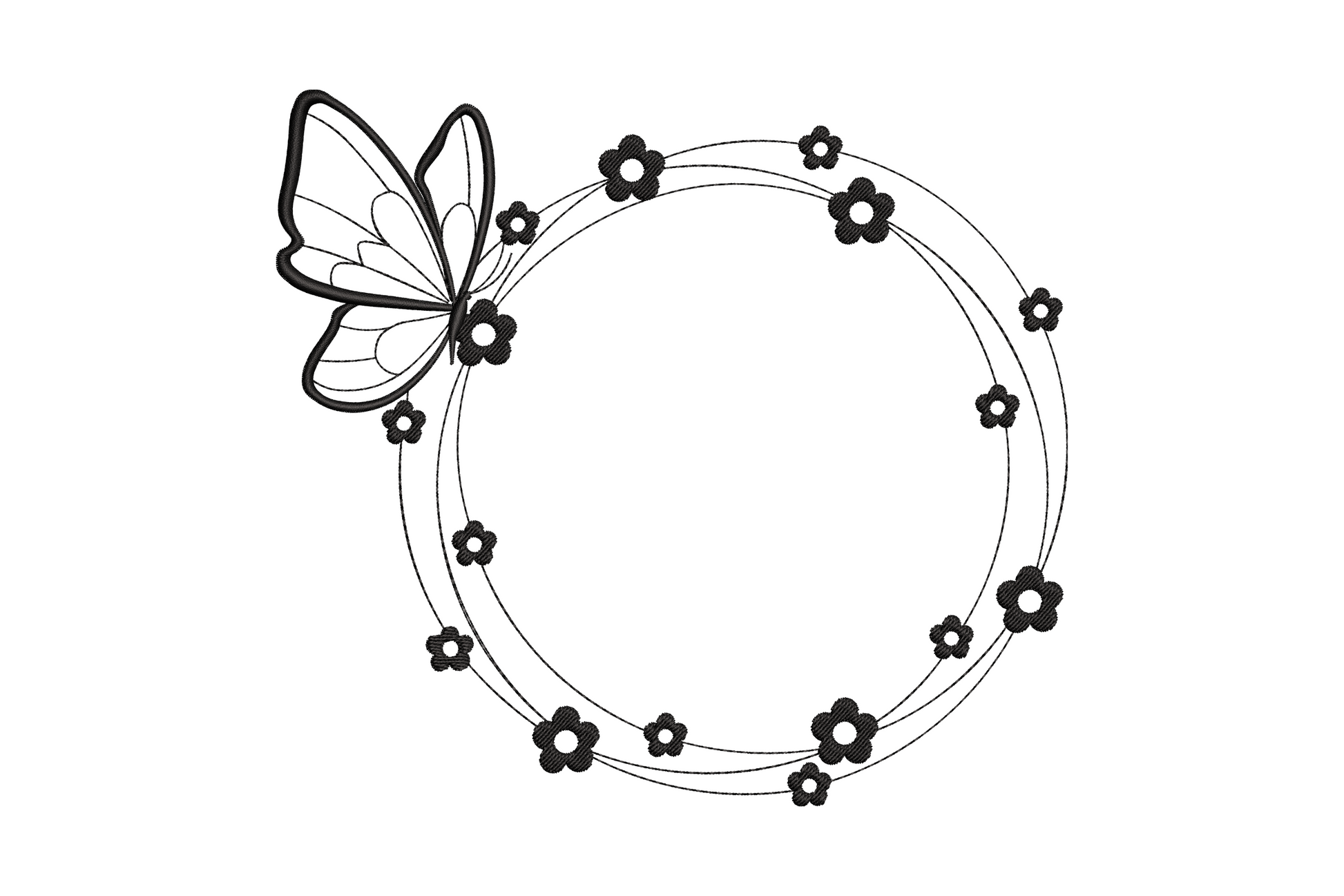 Machine embroidery circle frame with small five-petal flowers around the ring and a butterfly perched at left, single color, blank center for monogram