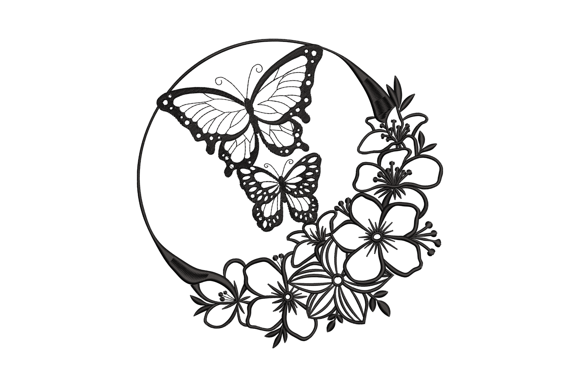 Butterfly floral circle line art design in black thread, two monarchs on upper ring with cascading hibiscus blossoms.