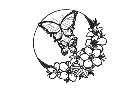 Butterfly floral circle line art design in black thread, two monarchs on upper ring with cascading hibiscus blossoms.
