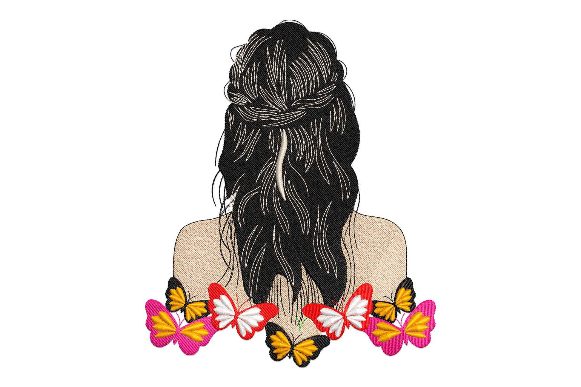 Butterfly girl back view embroidery design showing a woman with dark half-up braided hair and a row of colourful pink, orange, red and gold butterflies across her bare shoulders.