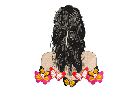 Butterfly girl back view embroidery design showing a woman with dark half-up braided hair and a row of colourful pink, orange, red and gold butterflies across her bare shoulders.