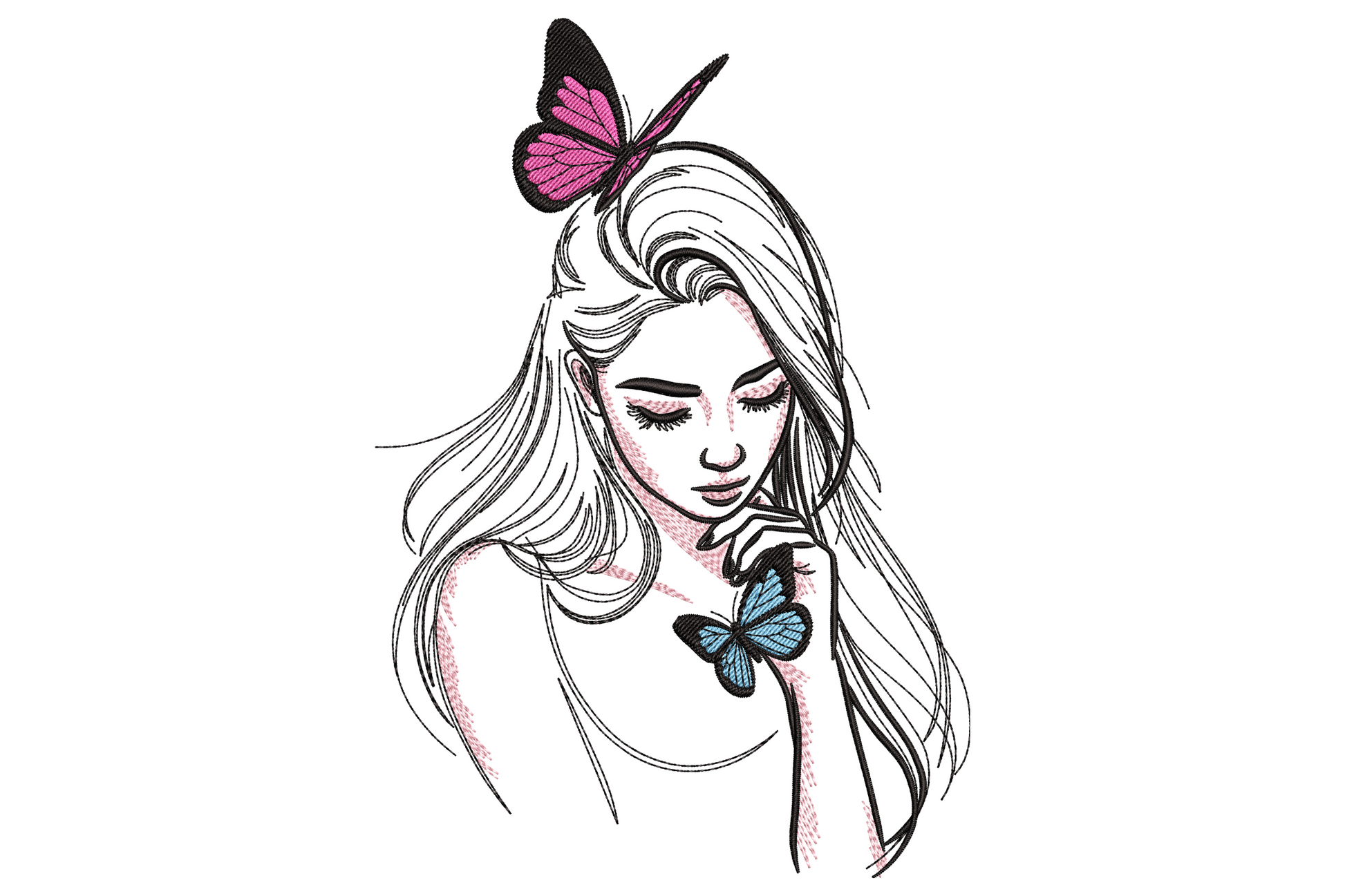 Butterfly girl embroidery design, fashion line art, woman with flowing hair, pink and blue butterflies, 4 thread colors