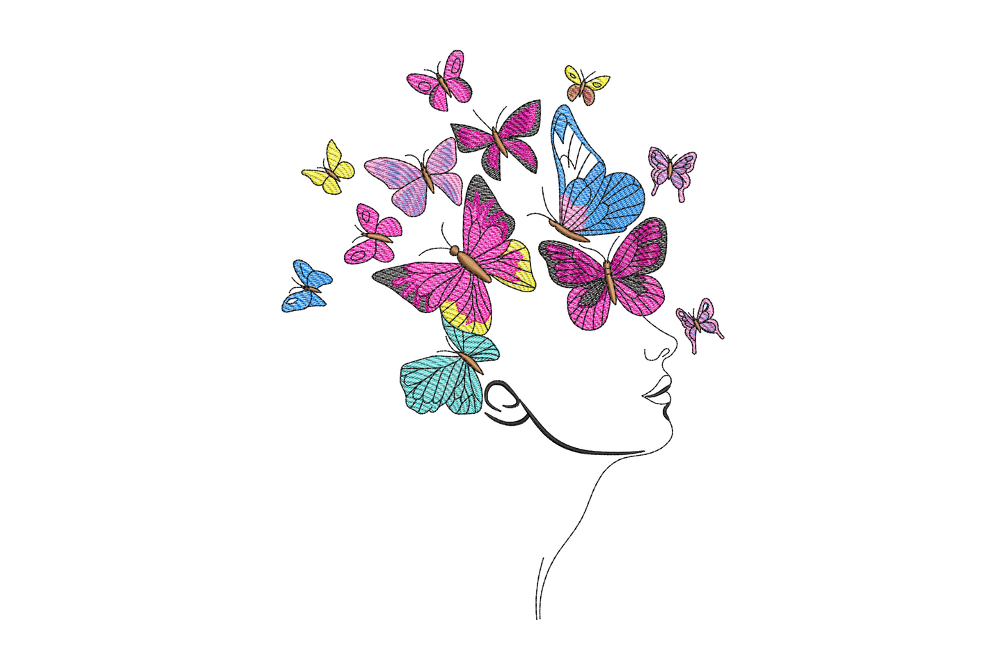 Woman silhouette with butterfly hair machine embroidery design, seven colours, lavender and charcoal, butterflies flowing from hair on white background.