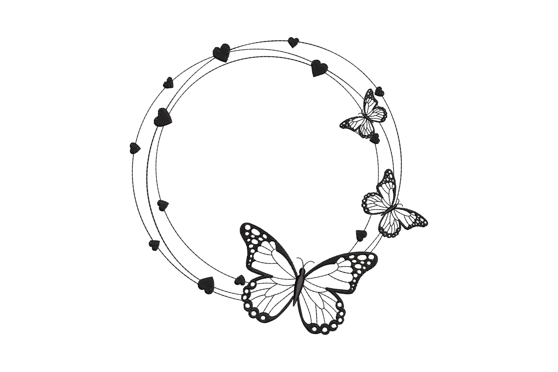 Machine embroidery circle frame with heart trail along the ring and two monarch butterflies, single color, open center for monogram or name