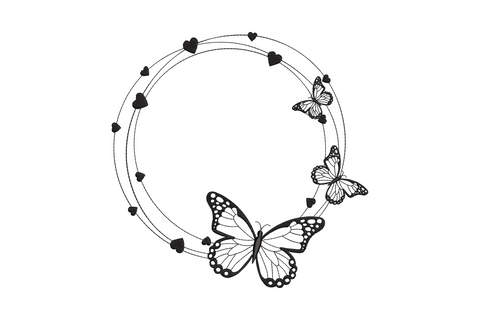 Machine embroidery circle frame with heart trail along the ring and two monarch butterflies, single color, open center for monogram or name