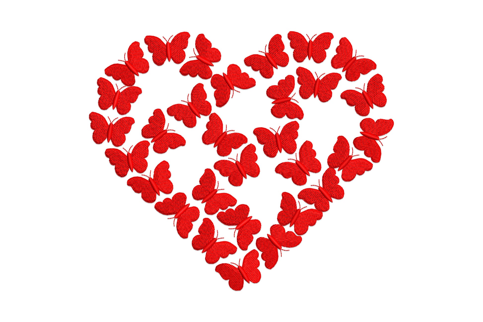 Red butterfly heart embroidery with solid red butterflies forming a heart, outer edge dense, centre open.