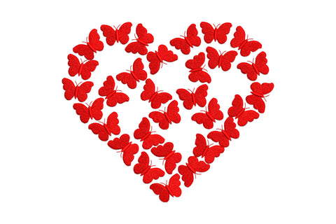 Red butterfly heart embroidery with solid red butterflies forming a heart, outer edge dense, centre open.
