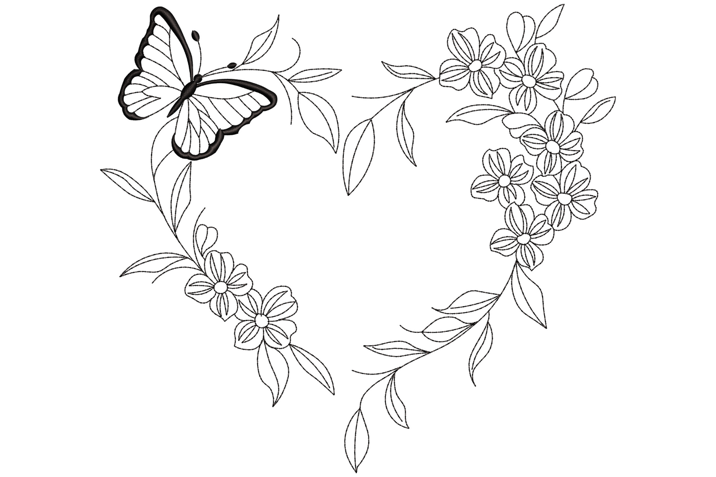 Butterfly inside heart-shaped floral wreath embroidery design, fine line art, black outline, 1 colour, 9 sizes.